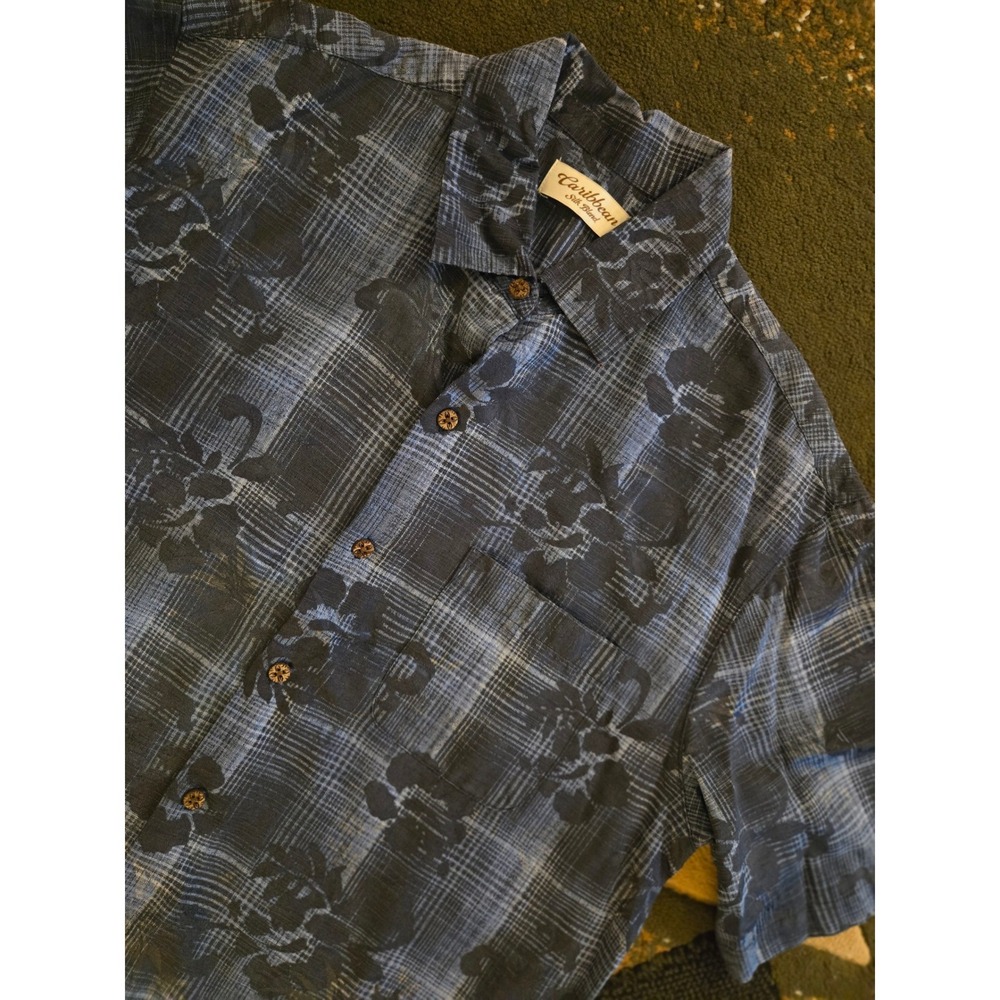 Caribbean Silk Blend Men Large Blue Floral Plaid Jacquard Short Sleeve Shirt